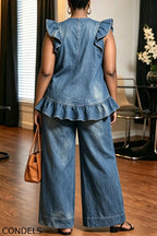 Women's Fashion Flounce Hem Denim Vest & Jeans