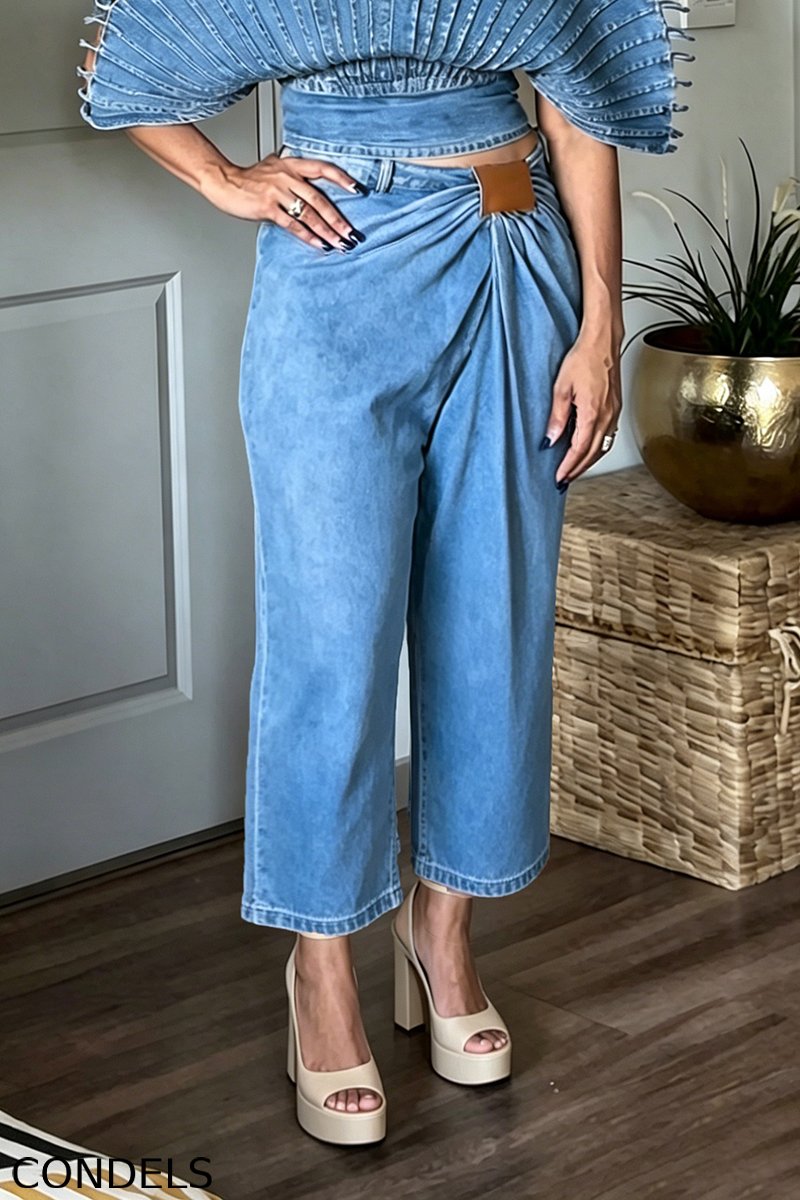 Women's Fashion Backless Denim Top or Pleated Jeans