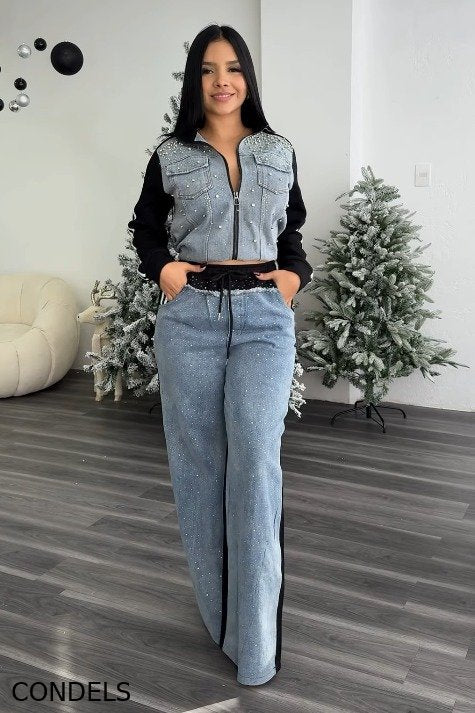 Ladies' Glamorous Color-Block Jacket + Crystal Jeans