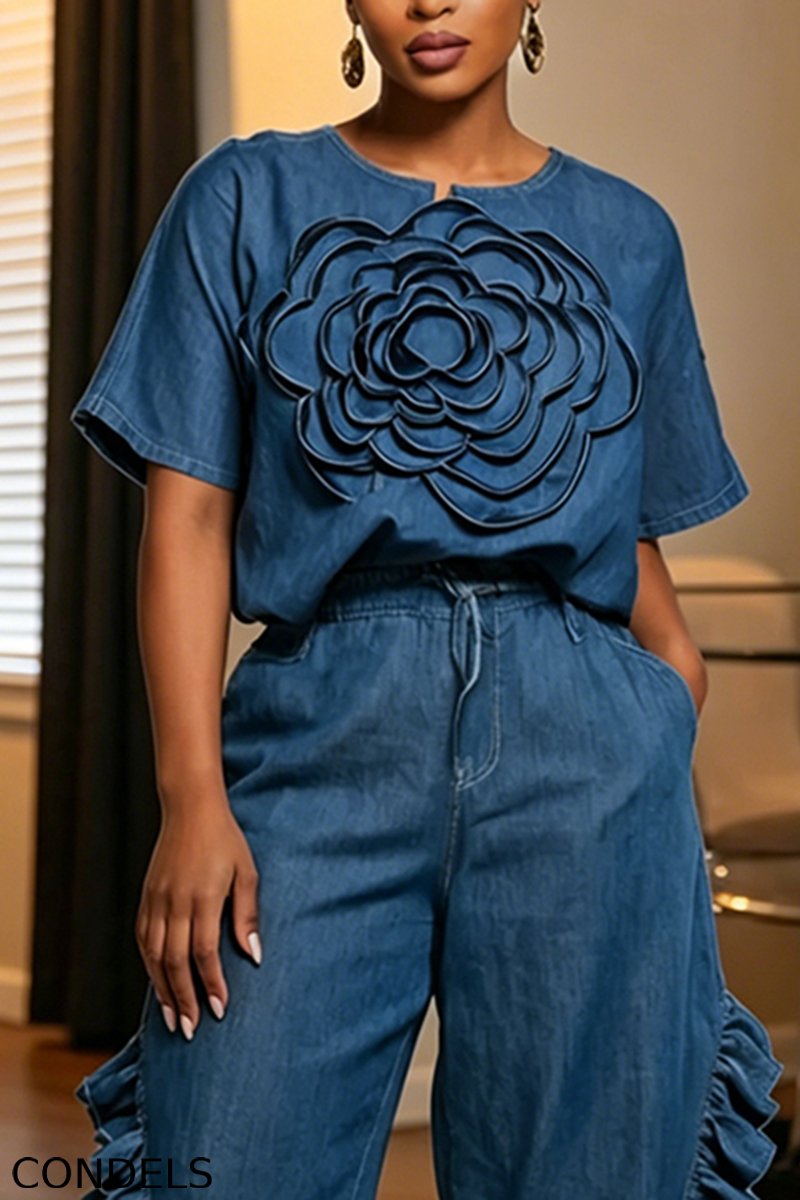 Women's Casual 3D Floral Denim Top or Flounce Jeans