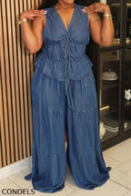 Women's Casual Tie Back Vest & Tiered Wide Leg Jeans
