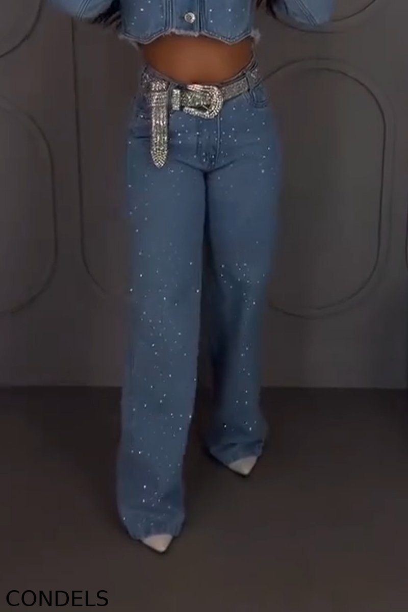 Women's Collar Rhinestone Denim Jacket + Rhinestone Jeans