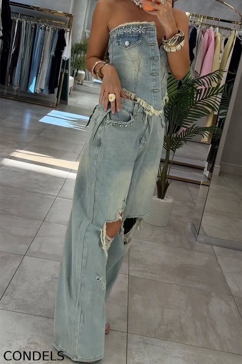 Women's Fashion Rhinestone Denim Bustier or Ripped Jeans