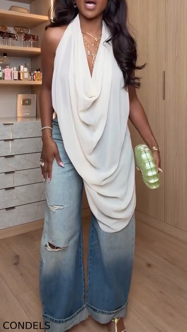 Women Neck Hanging Sleeveless Irregular Top + Washed Ripped Jeans