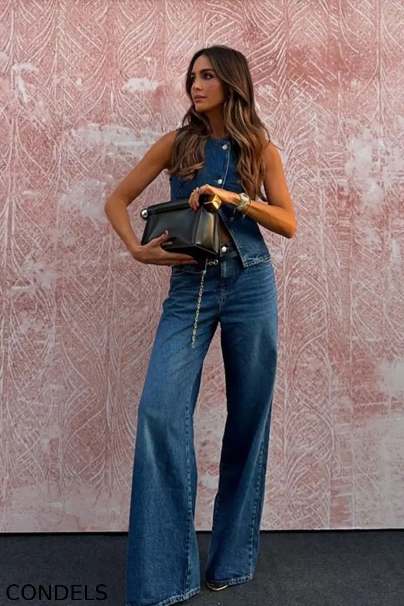 Vintage Inspired Sleeveless Denim Vest + Slimming Jeans  Set