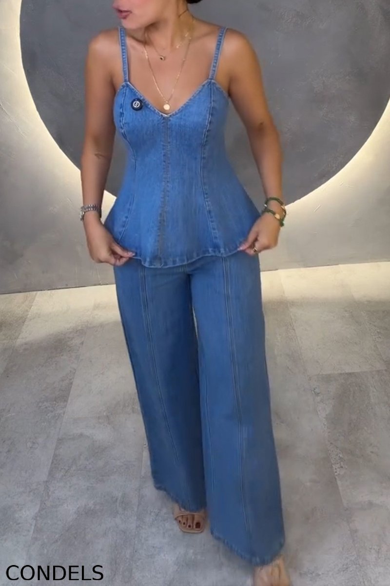 Women's Fashion V-Neck Fitted Denim Vest & Jeans