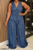 Women's Casual Tie Back Vest & Tiered Wide Leg Jeans