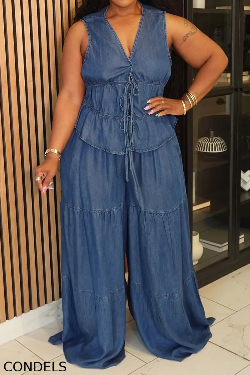 Women's Casual Tie Back Vest & Tiered Wide Leg Jeans