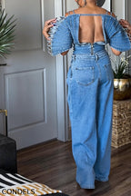 Women's Fashion Backless Denim Top & Pleated Jeans