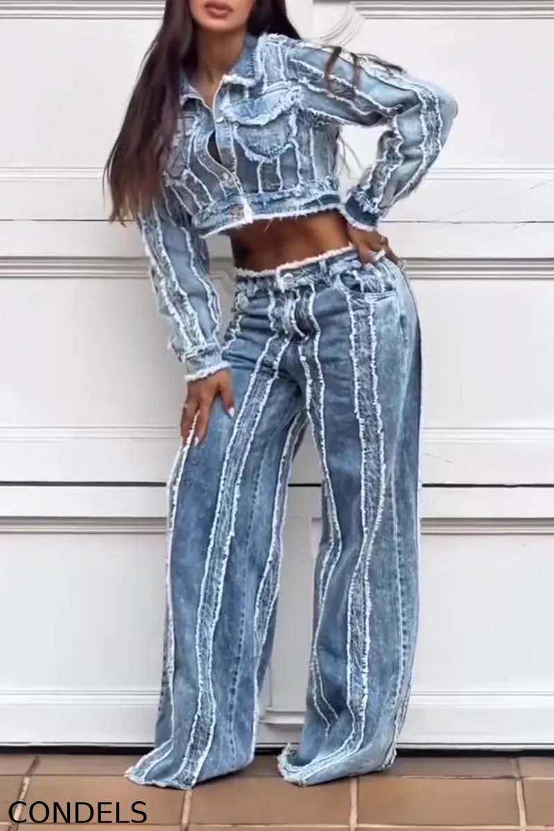 Women's Casual Washed Panel Denim Jacket or Jeans