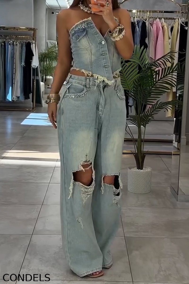 Women's Fashion Rhinestone Denim Bustier or Ripped Jeans