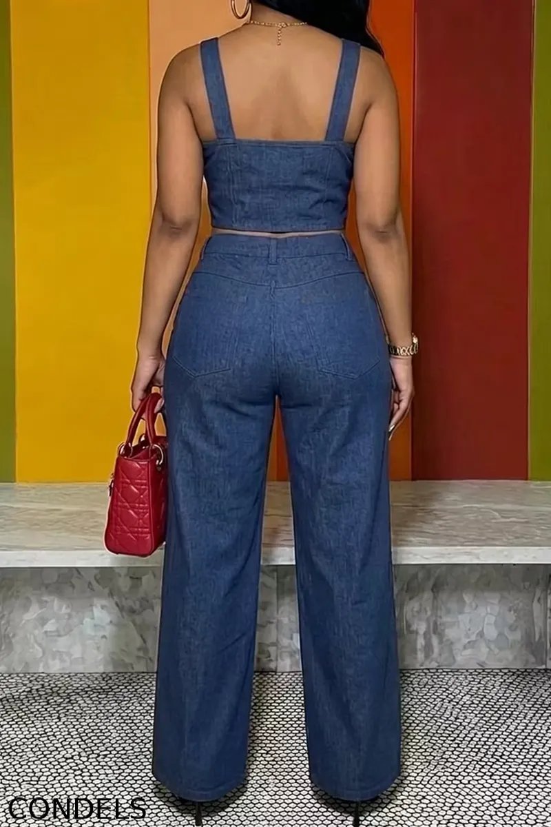 Women's Casual Beaded Short Denim Vest Top Or Beaded Wide Leg Jeans