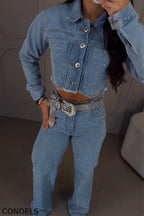 Women's Collar Rhinestone Denim Jacket + Rhinestone Jeans