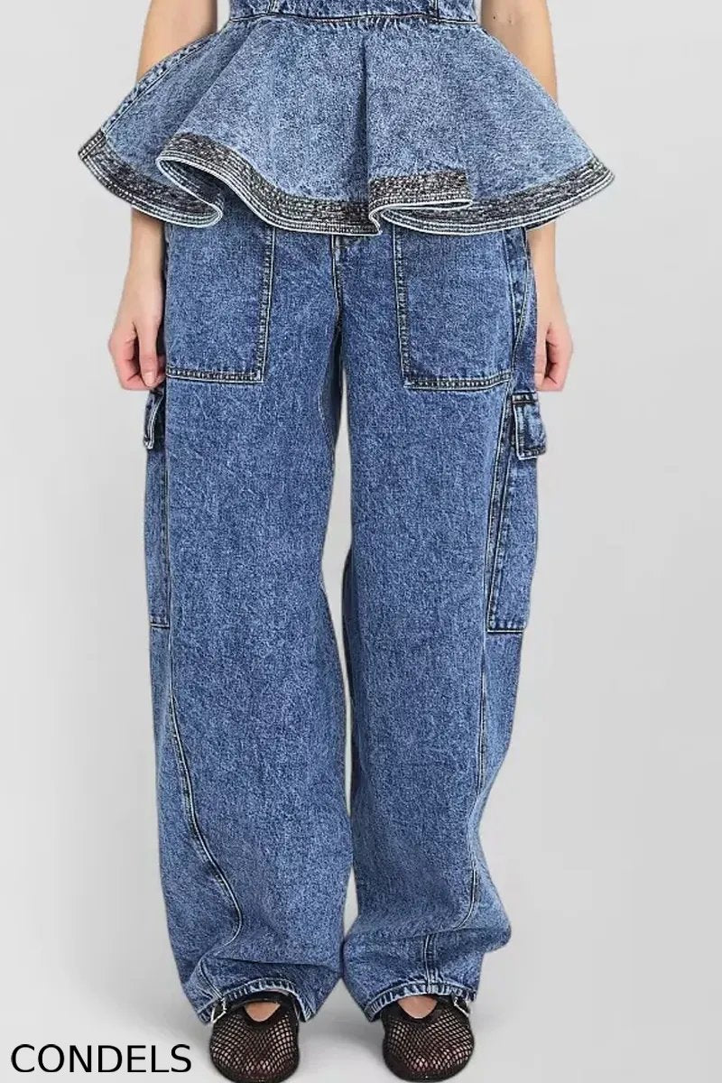 Ladies' Casual Denim Ruffled Top And Workwear Jeans