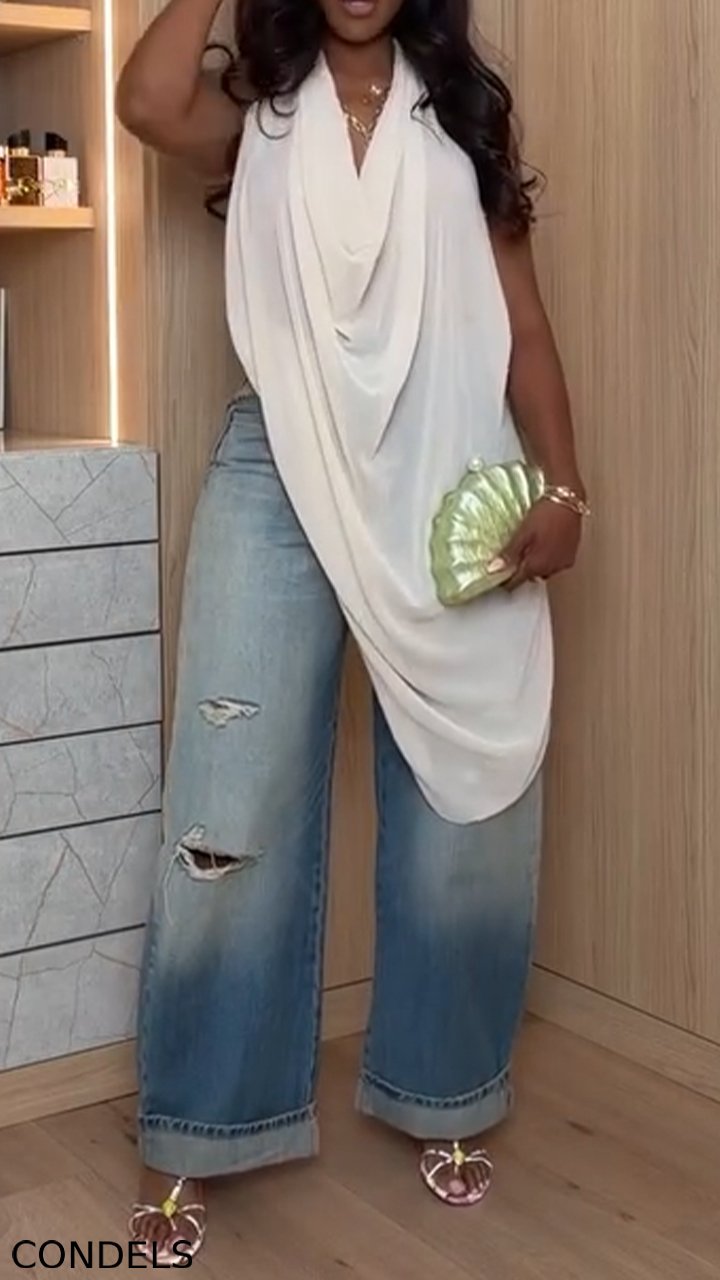 Women Neck Hanging Sleeveless Irregular Top + Washed Ripped Jeans