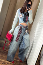 Ladies' Fashionable Casual Denim Printed Top And Jeans