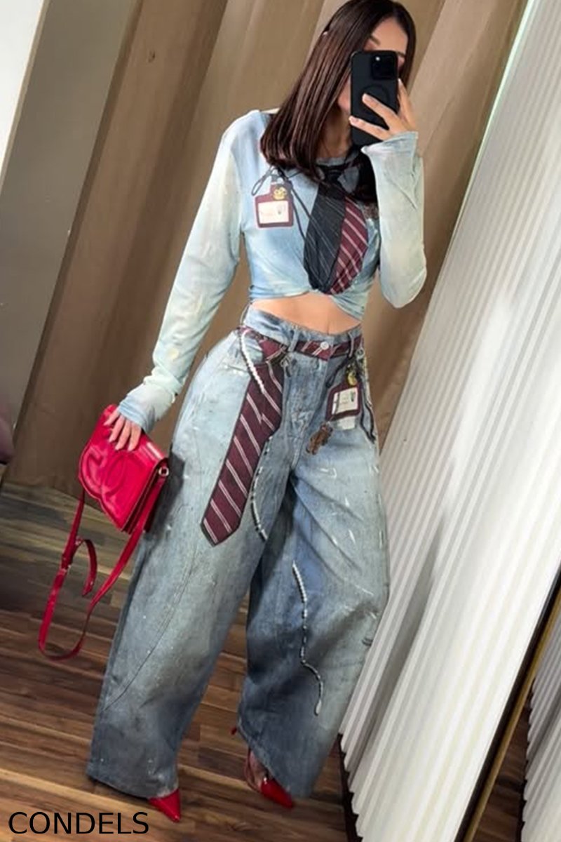 Ladies' Fashionable Casual Denim Printed Top And Jeans