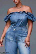 Women's Casual Off Shoulder Denim Top & Asymmetric Waist Jeans