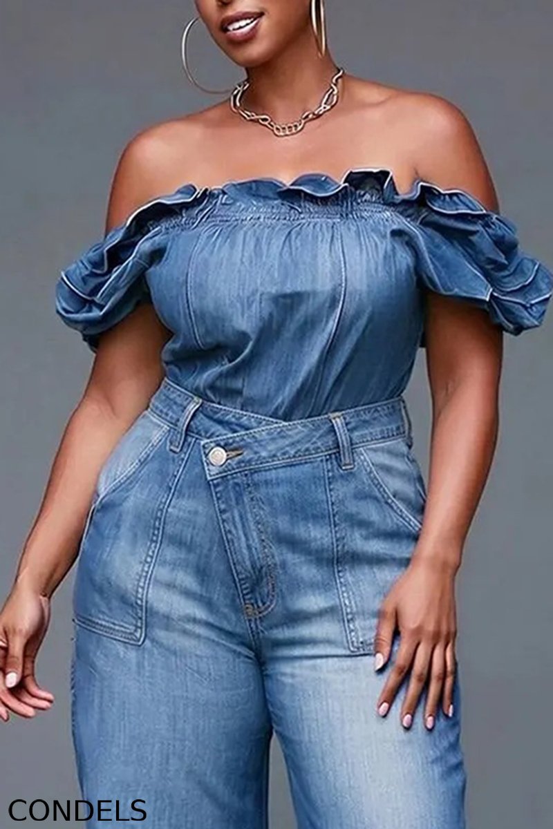Women's Casual Off Shoulder Denim Top & Asymmetric Waist Jeans