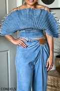 Women's Fashion Backless Denim Top or Pleated Jeans