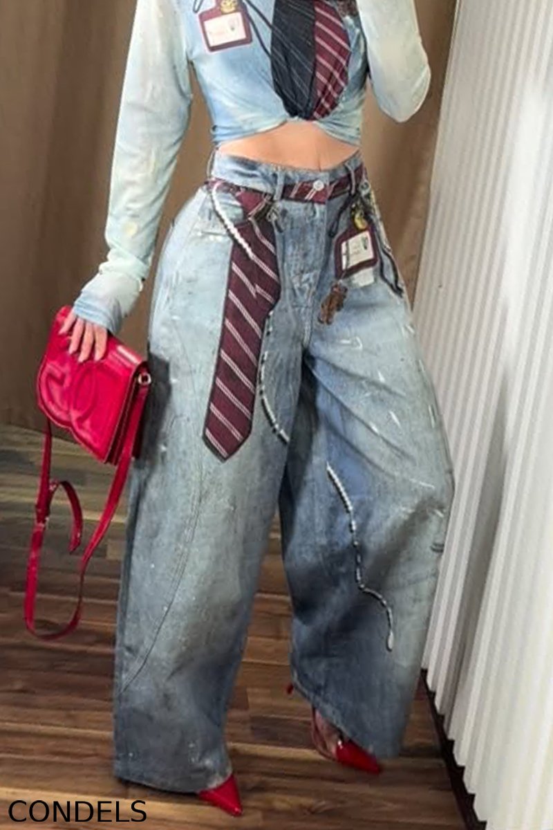 Ladies' Fashionable Casual Denim Printed Top And Jeans