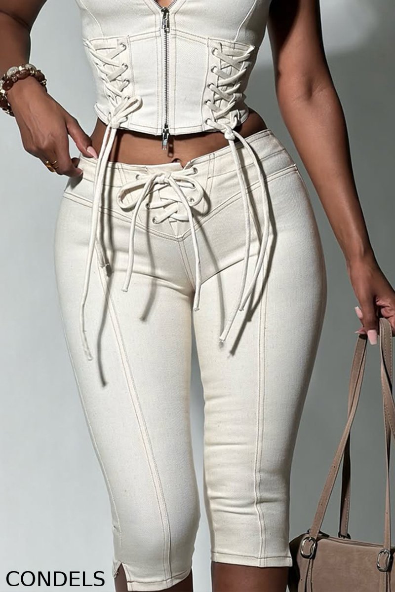 Women's Fashion Tie Zipper Denim Vest & Cropped Jeans