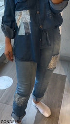 Women's Collar Patchwork Denim Shirt + Patchwork Sequined Jeans