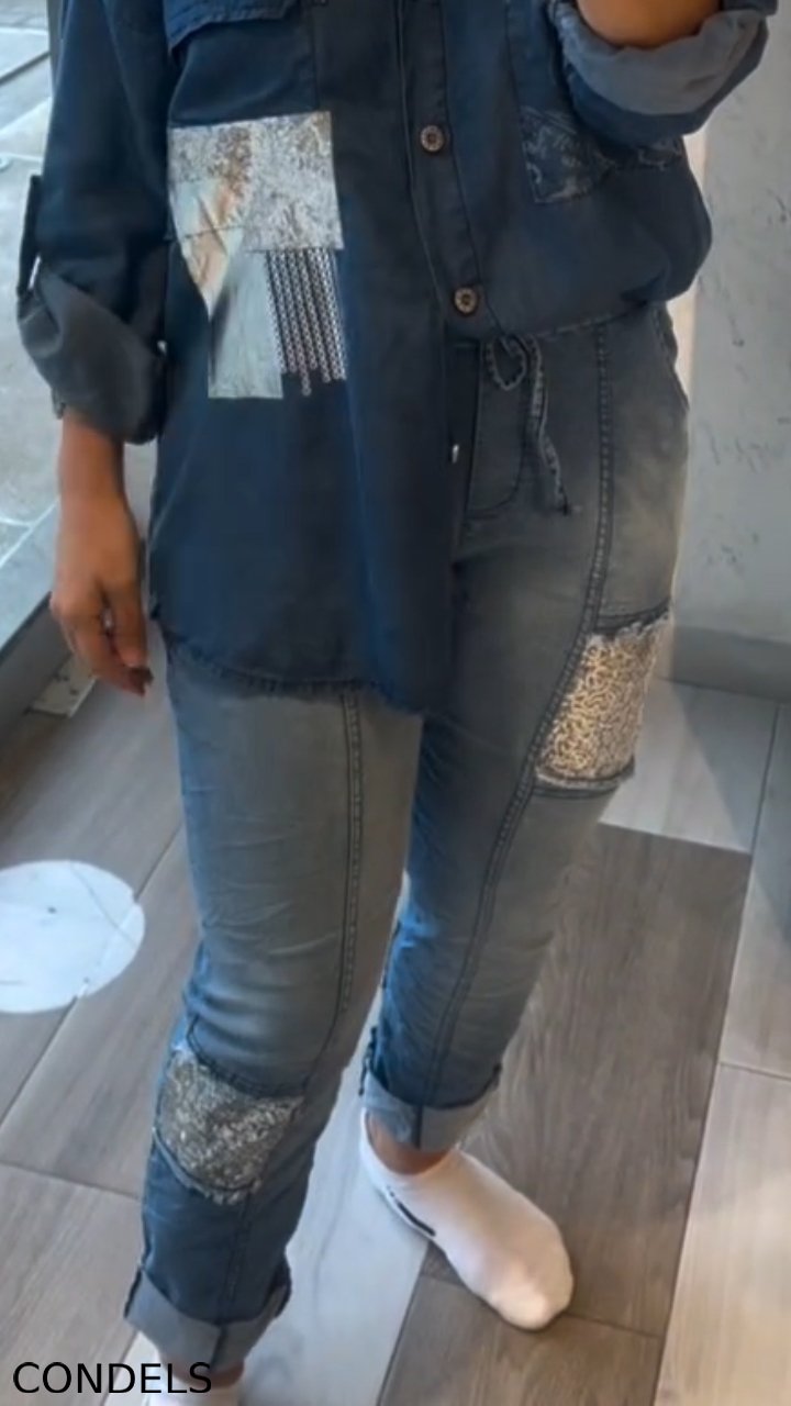 Women's Collar Patchwork Denim Shirt + Patchwork Sequined Jeans