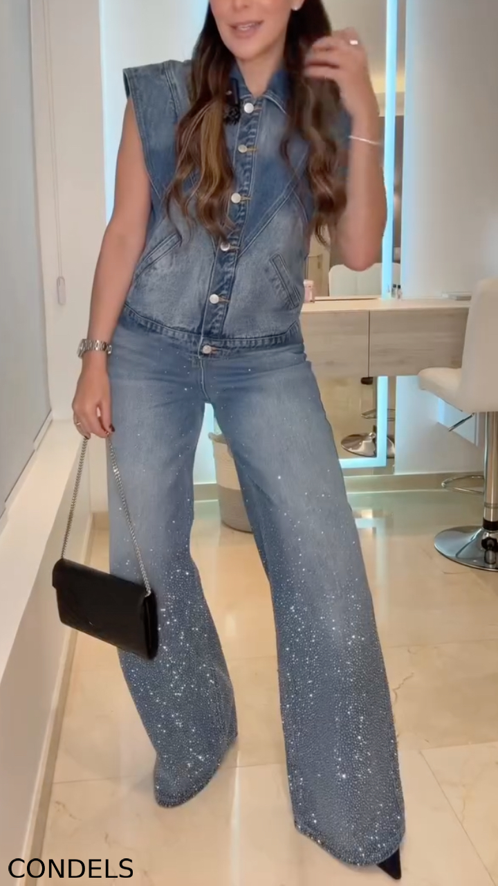 Women's Sleeveless Collared Denim Top + Rhinestone-studded Jeans