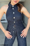 Women's Elegant Lace Panel Denim Vest & Jeans