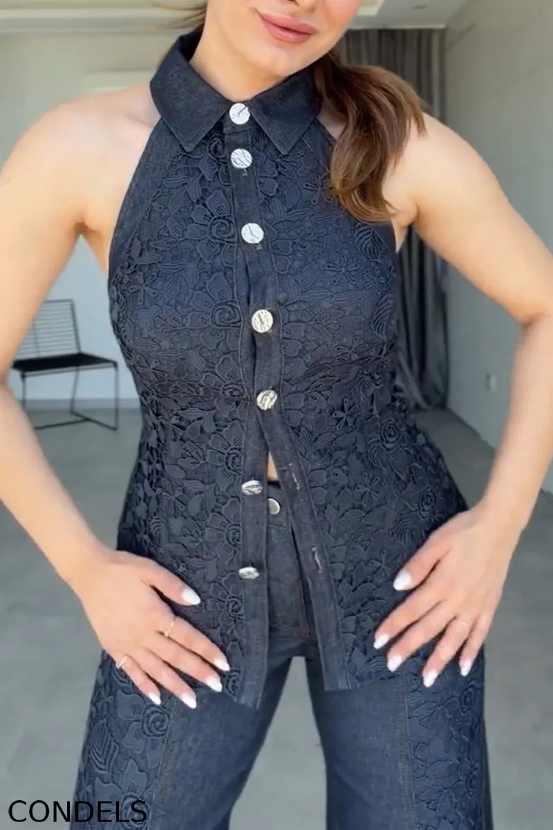 Women's Elegant Lace Panel Denim Vest & Jeans