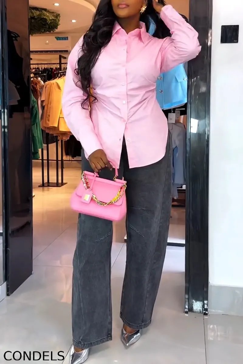 Women Collared Pleated Shirt or Wide Leg Jeans