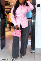 Women Collared Pleated Shirt or Wide Leg Jeans