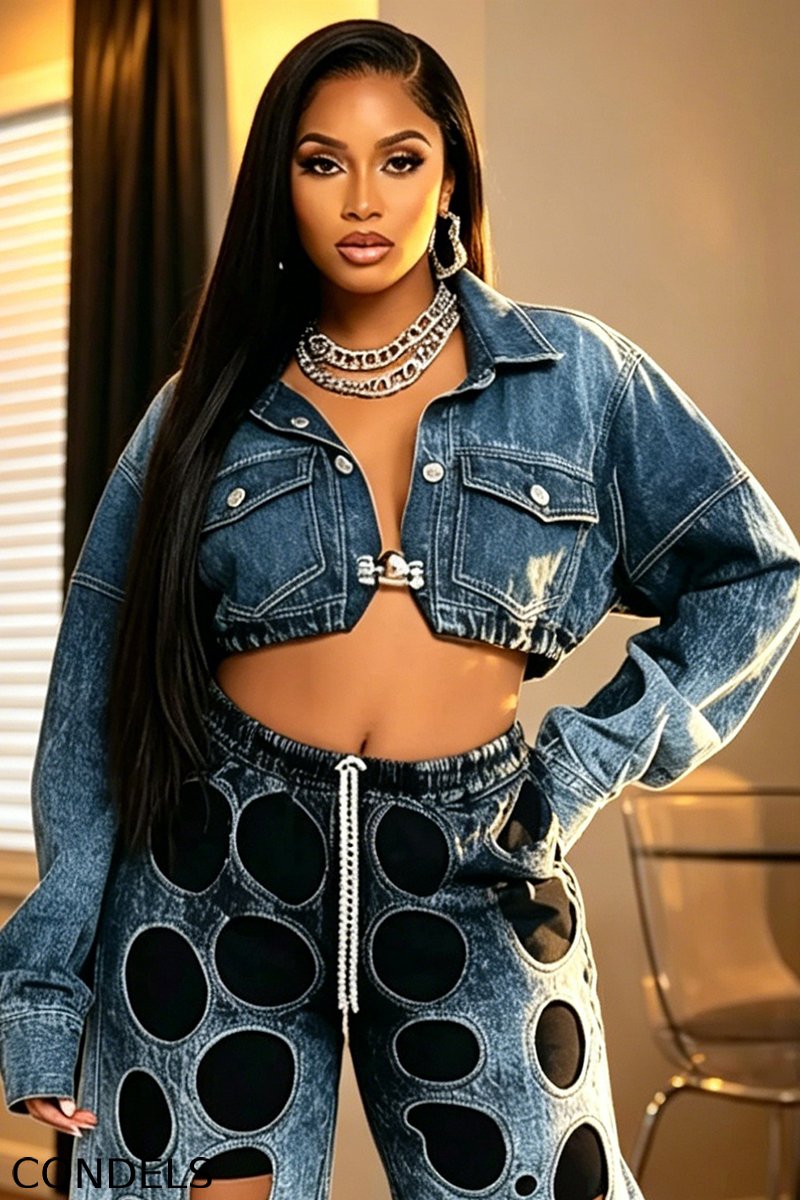 Women's Fashion Gradient Cropped Denim Jacket & Cutout Jeans