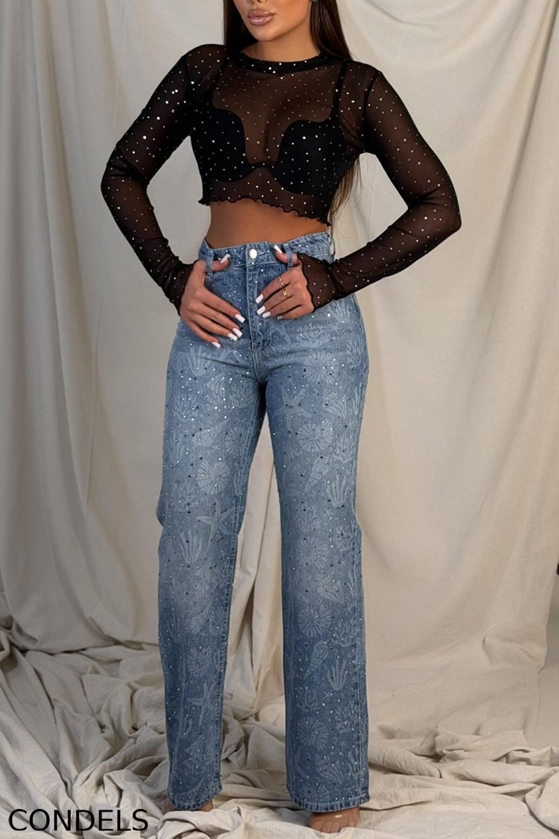 Women's Fashion Rhinestone Sheer Top & Pattern Jeans