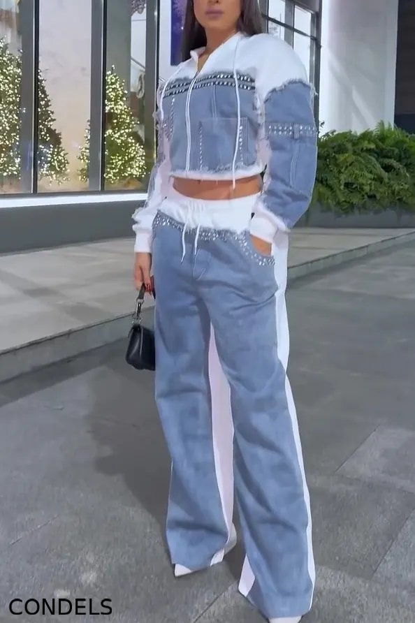 Fashion Denim Panel Hooded Jacket + Hotfix Rhinestone Jeans