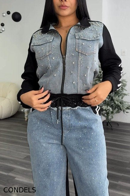 Ladies' Glamorous Color-Block Jacket + Crystal Jeans