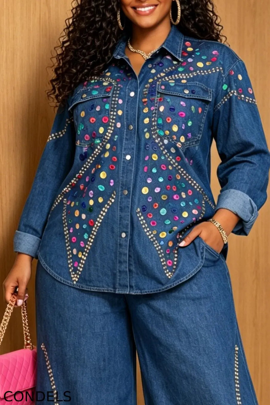 Women's Elegant Multicolor Rhinestone Denim Shirt & Jeans