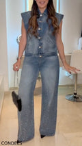 Women's Sleeveless Collared Denim Top + Rhinestone-studded Jeans