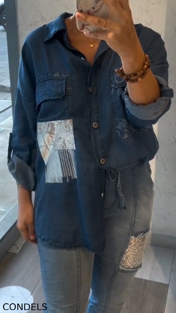 Women's Collar Patchwork Denim Shirt + Patchwork Sequined Jeans