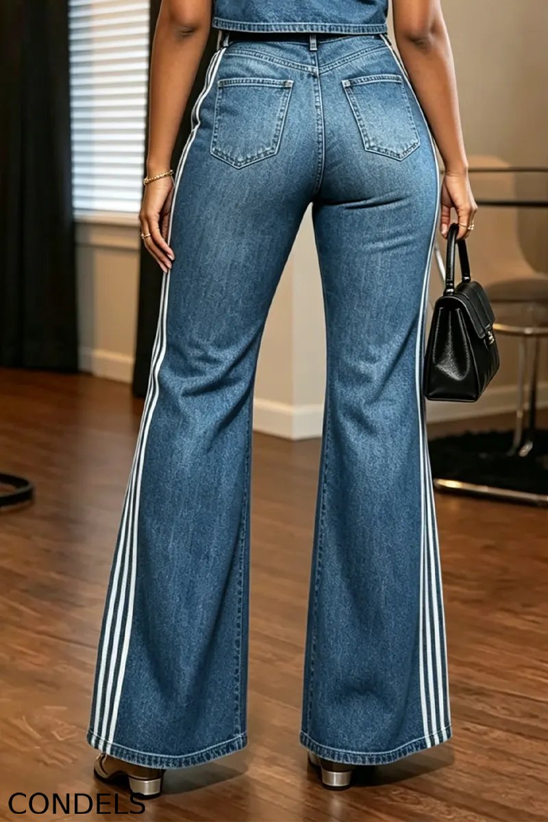 Women's Casual Stripe-Trim Denim Shirt or Wide-Leg Jeans