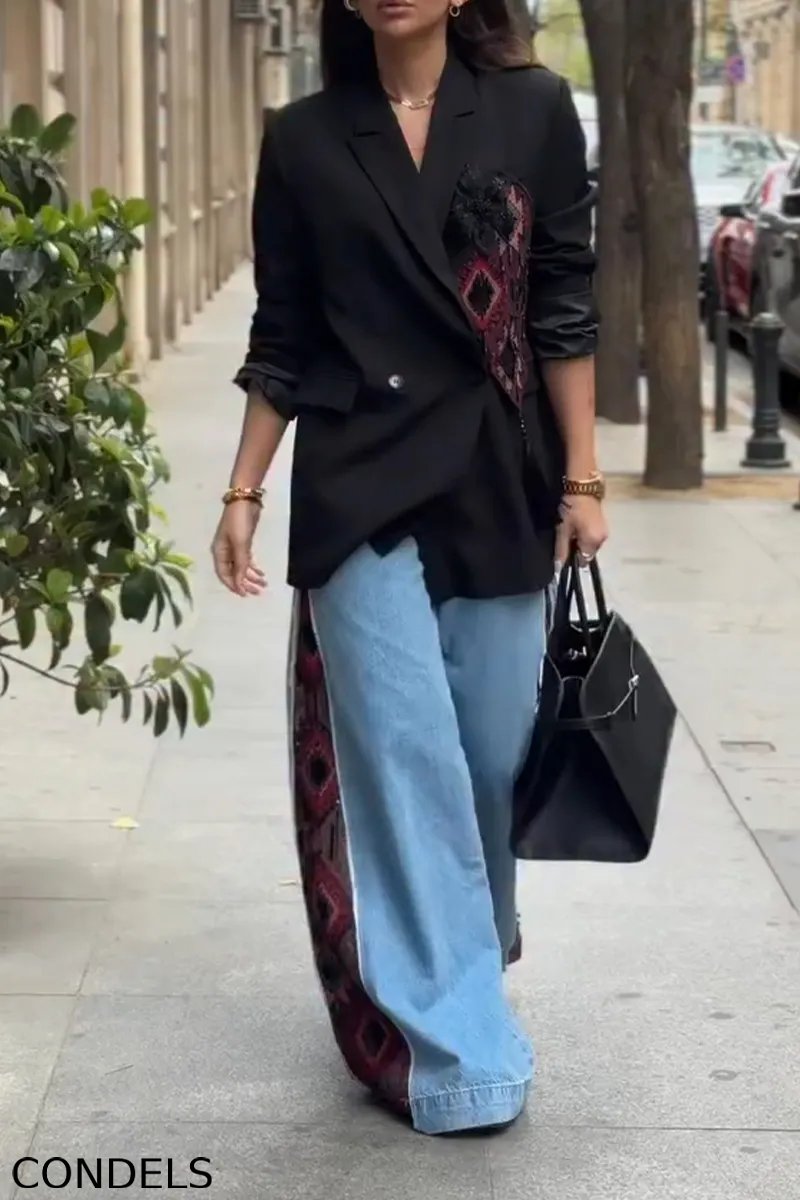 Women Collar Patchwork Floral Jacket or Patchwork Printed Jeans