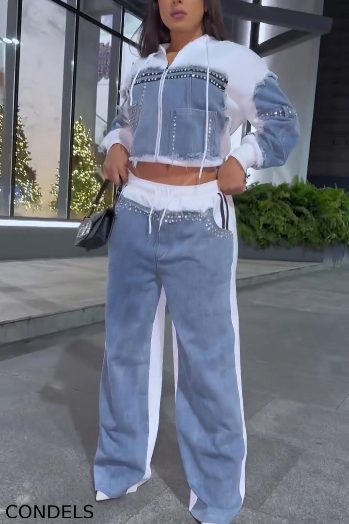 Fashion Denim Panel Hooded Jacket + Hotfix Rhinestone Jeans