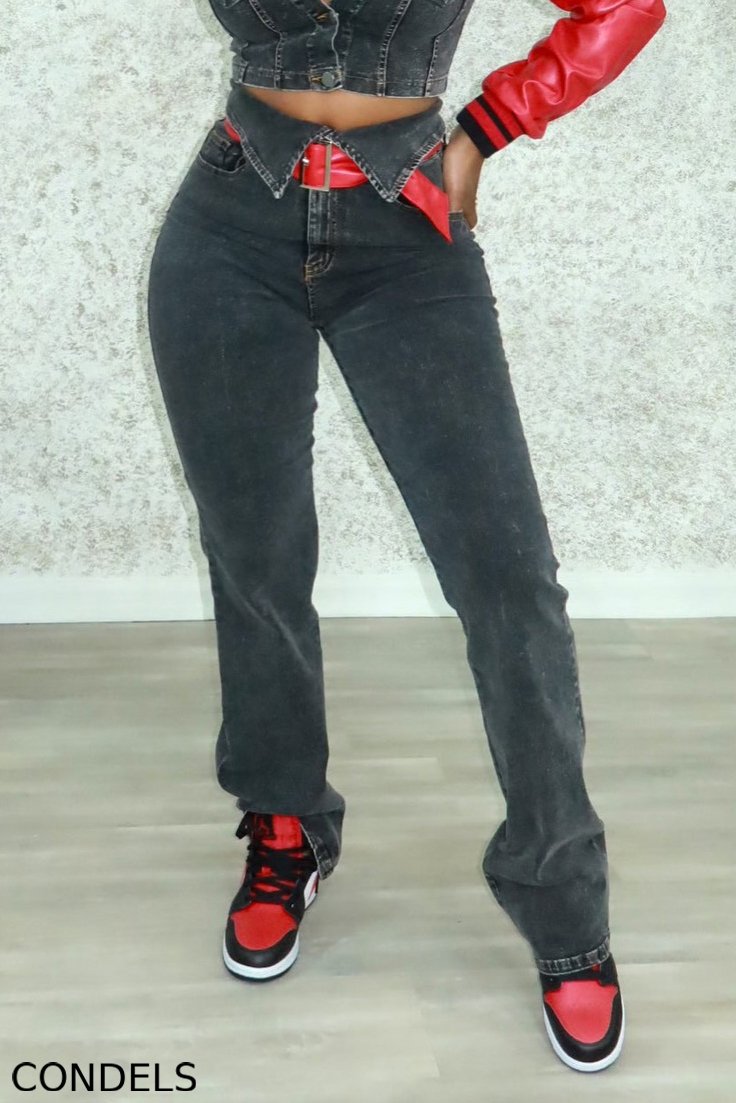 Women's Leather Panel Jacket With Contrast Belt Denim Jeans