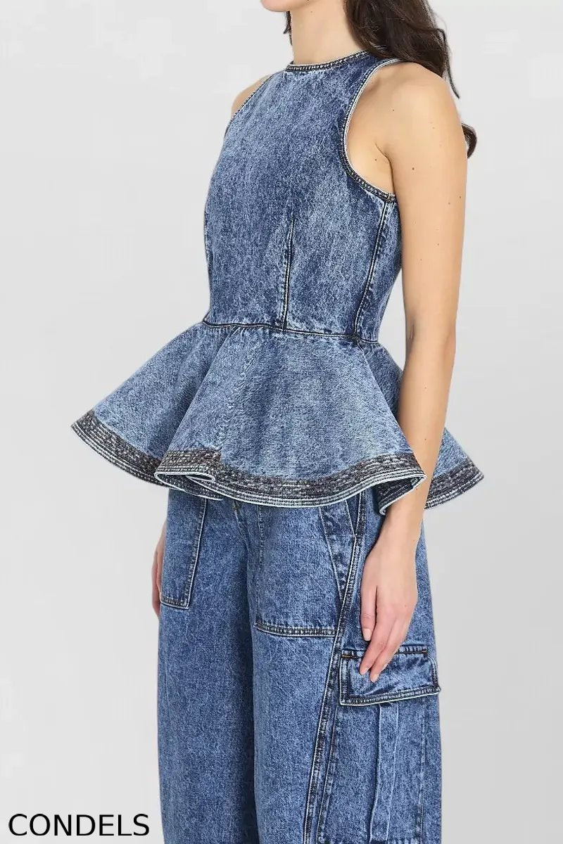 Ladies' Casual Denim Ruffled Top And Workwear Jeans