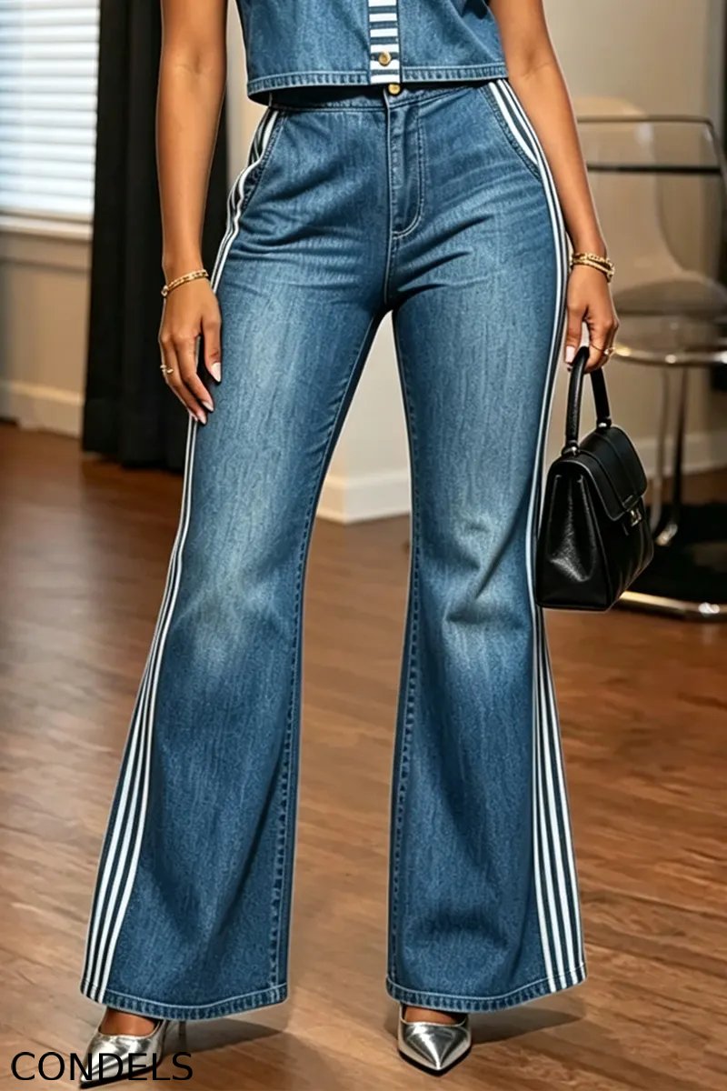 Women's Casual Stripe-Trim Denim Shirt or Wide-Leg Jeans