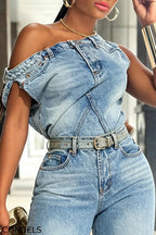 Women's Fashion One Shoulder Design Denim Top or Jeans