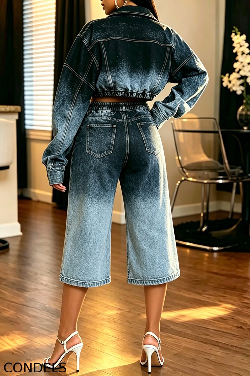 Women's Fashion Gradient Cropped Denim Jacket & Cutout Jeans