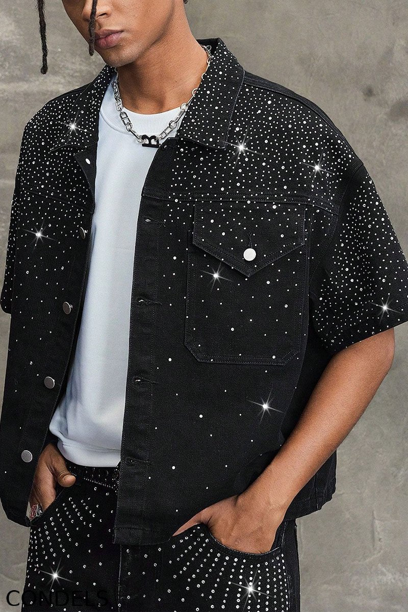 Men's Y2K Bling Full Rhinestone Denim Shirt  And Jeans shorts