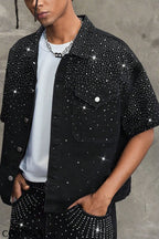 Men's Y2K Bling Full Rhinestone Denim Shirt  And Jeans shorts